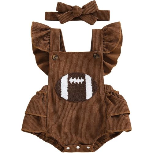 Yccutest Newborn Football Romper Baby Girl Corduroy Overalls Infant Football Onesie Bodysuit Game Day Outfit with Headband