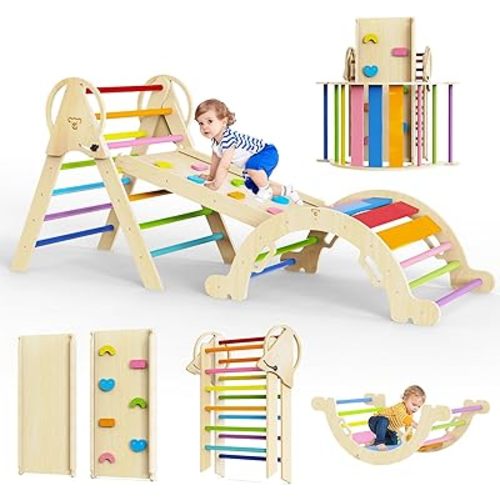 Taleco Gear Pikler Triangle Set 7 in 1,Foldable Baby C limbing T oys Wooden,Toddler Climbing Toys Indoor,Climbing Toys for Toddlers 1-3,with Ramp, Arch and Ladder(Rainbow)