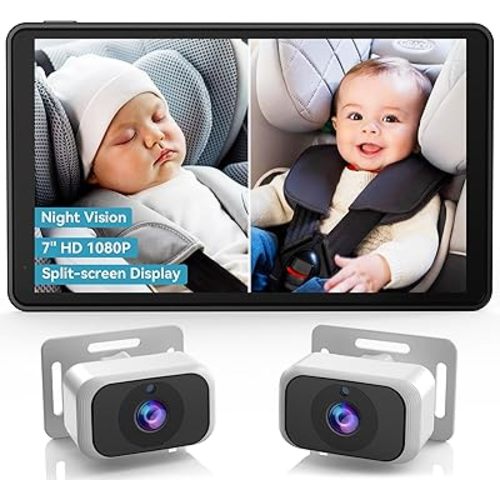 Baby Car Camera for 2-Kids: 7 Inch IPS Display with Dual Carseat Cameras, Split Screen, Night Vision, HD 1080P - Easy Install Rear Facing Backseat Camera for Twins