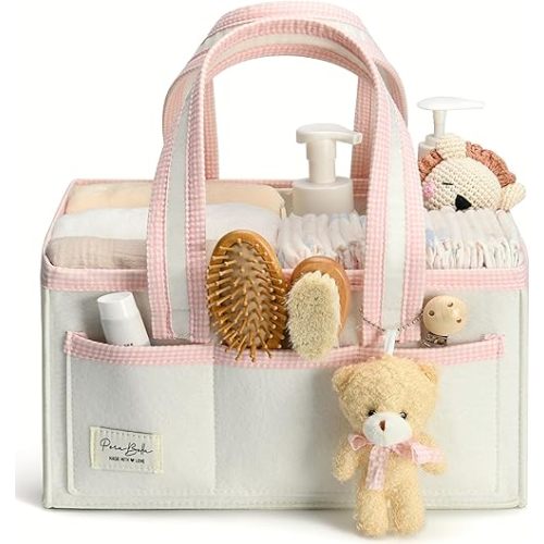 PeraBella Diaper Caddy Organizer with Handle, Baby Shower Gifts Basket Bag, Registry Search Must Haves Items, Nursery Storage Organizer for Newborn Girl Boy, Baby Bag Essentials, Car Diaper Caddy Cart