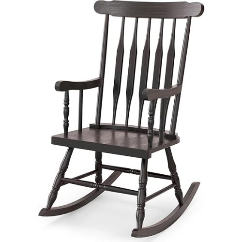 Tangkula Patio Rocking Chair Solid Rubber Wood, Outdoor Porch Rocker Chair with Rubber Wood Frame, Indoor Wooden Rocking Chair, Ideal for Garden, Backyard & Balcony (1, Espresso)