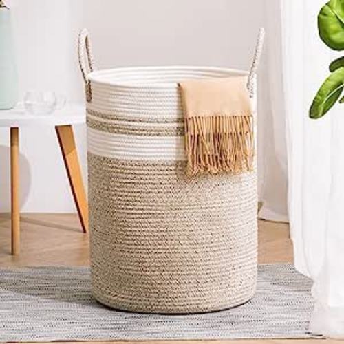 Woven Rope Laundry Hamper Basket, 58L Tall Laundry Basket for Blanket Organizer- Clothes Hamper for Bedroom Storage, Baby Kids Nursery Hamper-Large-Brown - Tall (58L )