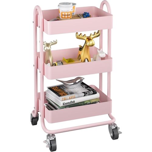 MIOCASA 3-Tier Metal Utility Rolling Cart, Heavy Duty Multifunction Cart with Lockable Casters, Easy to Assemble, Suitable for Office, Bathroom, Kitchen, Garden (Pink) (Metal&Pink)