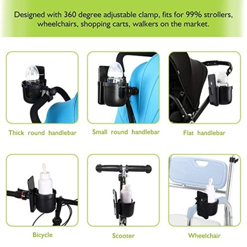 Accmor Stroller Cup Holder with Phone Holder/Organizer, Universal Bike Cup Holder, 2-in-1 Bottle Holder for Stroller, Bike, Wheelchair, Walker, Scooter,Black