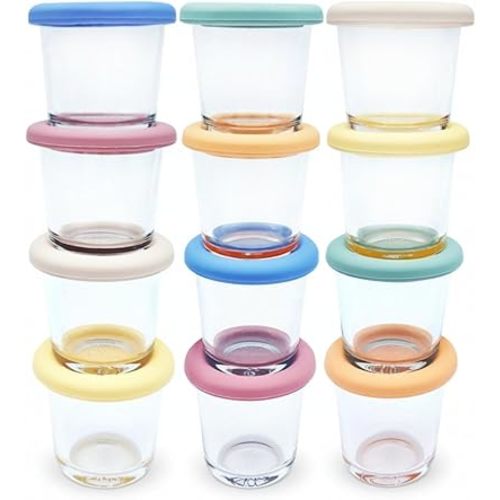 Elk and Friends 4oz Borosilicate Glass Baby Food Storage Jars with Silicone Lid | Strong Glass | Set of 12 | Blush/Pea