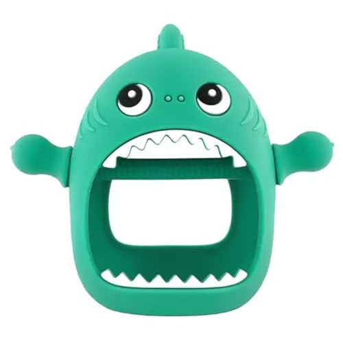 Cute Shark Teething Mitten Toy for Babies, Never Drop Silicone Baby Teether, Hand Pacifier for Babies to Suck and Chew, Toy for Teething Babies (Green)