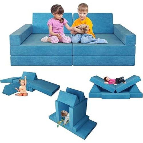 Modular Kids Play Couch Kids Couch for Playroom Bedroom, Toddler Sectional Sofa Play Couch Set Convertible Play Couch Toddler Foam Couch for Kids (Lake Blue)