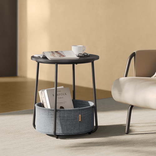 LEDREM Round End Table with Fabric Basket, Side Tables Nightstand for Livingroom, Ebony Black