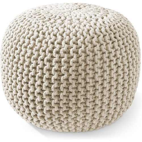 Casafield Round Pouf Ottoman, Natural - 20" Diameter x 14.5" High Cotton Knit Foot Stool - Boho Floor Pouffe for Living Room, Bedroom, Home Office