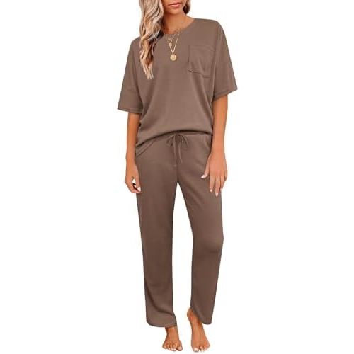 JiniGolla Womens Pajama Sets Waffle Knit Short Sleeve Shirt with Long Pajama Pants Soft Sleepwear Pj Lounge Sets