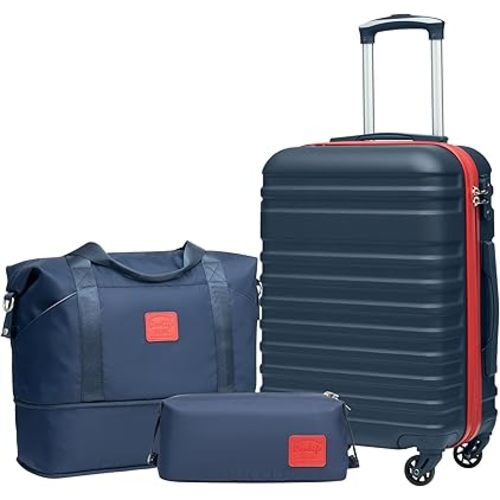Coolife Suitcase Set 3 Piece Luggage Set Carry On Hardside Luggage with TSA Lock Spinner Wheels (Navy+Red, 3 piece set (DB/TB/20))
