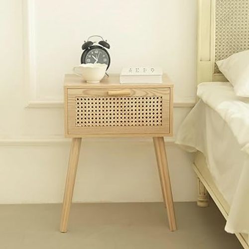 AWASEN White Rattan Nightstand, Modern Bedside Table with Rattan Drawer, End Table with Storage and Solid Wood Legs for Bedroom Living Room Small Space (White)