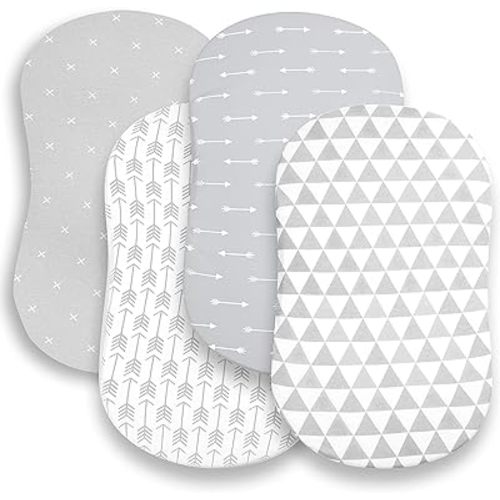 Bassinet Bed Sheets – Premium Bassinet Fitted Sheet for Halo, Mika Micky, Maxi COSI & Others - 4 Pack 100% Jersey Knit - Bassinet Bedding for Standard Size Oval or Halo Bassinet Pads for Boys & Girls