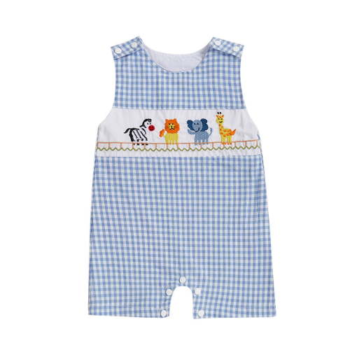 Curenmufel Baby Clothes Boy Toddler Boy Clothes Smocked Romper Farm Baby Animal Print Jumpsuit Sleeveless Overalls Summer Romper 0 3 6 9 12 18 24 Months 2T 3T 4T (Blue,Size 6-12 Months)