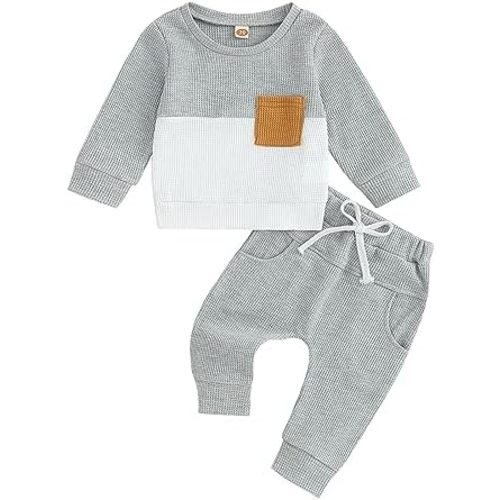 One opening 0-3T Toddler Baby Boy Clothes Patchwork Waffle Sweatshirt Pullover Shirt Top Pants Infant Boy Fall Winter Outfit