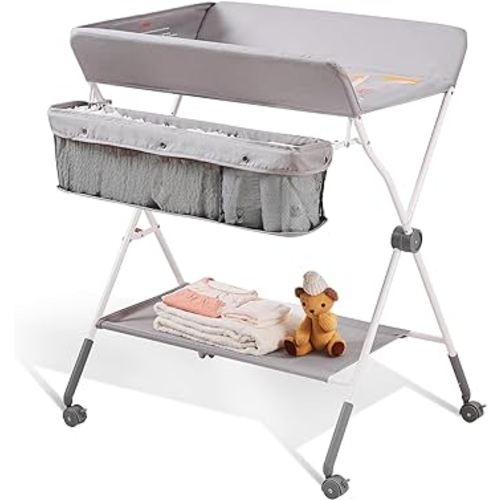 VEVOR Baby Changing Table, Folding Diaper Changing Station with Lockable Wheels, Portable Changing Table 3-level Adjustable Heights, with Storage Basket & Hanging Racks for Newborns & Infant