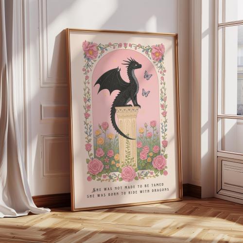 Fantasy Dragon Print, She Was Born to Ride with Dragons Quote, Bookish Wall Art, Fantasy Book Readers, Pink Floral Poster, Dragon Lover Gift