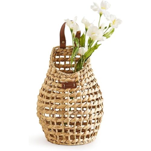 Wall Hanging Pocket Basket Open Weave Water Hyacinth Storage Belly Basket Decorative Boho Mounted Organizer Front Door Basket for Flower Plants