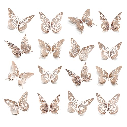 Meikeer 3D Butterfly Wall Decor 48 Pcs 4 Styles 3 Sizes, for Birthday Decorations Party Decorations, Removable Wall Stickers Interior Decoracions Kids Nursery Classroom Wedding Decor (Rose Gold)