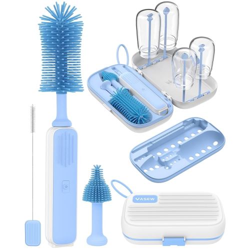 Electric Baby Bottle Brush Cleaner, Baby Travel Bottle Cleaner Kit- 2000mAh Rechargeable Silicone Brush, Drying Rack, Compact Storage Box, 360° Efficient Cleaning Bottle Brush for Home & On-The-Go