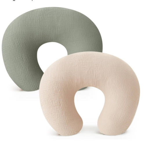 Konssy Muslin Nursing Pillow Covers, Soft and Cute Nursing Covers for Breastfeeding Pillows, Ideal for Newborn Baby Boys and Girls (Fog Green, Cream) - 2 Pack