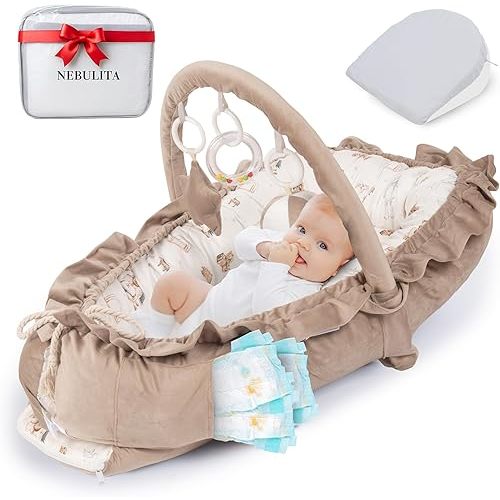 Newborn Lounger Cream - Flexible & Portable w/Infant Support Cushion, Soft & Breathable 100% Cotton - Multi-Use Supervised Baby Lounger for Floor, Travel, Changing Mat Alternative - Premium