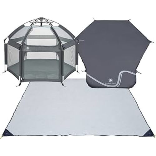 POP 'N GO Premium Outdoor Baby Playpen with Self-Inflating Playmat (Anchor Grey) and Picnic Blanket (Whimsical Waves)