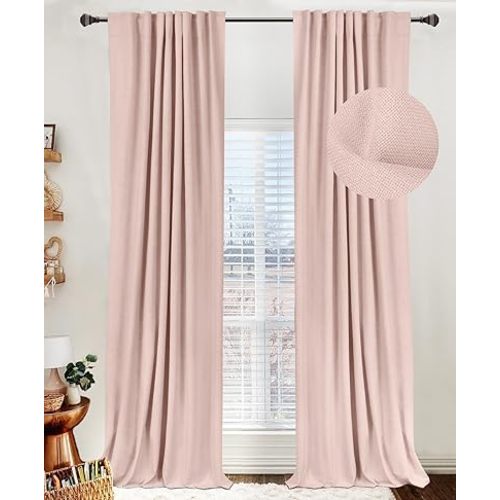 100% Blackout Shield Linen Blackout Curtains for Bedroom,Back Tab/Rod Pocket Living Room Drapes,Thermal Insulated Textured Blackout Curtains 2 Panels Set,Blush Pink,50" W x 90" L