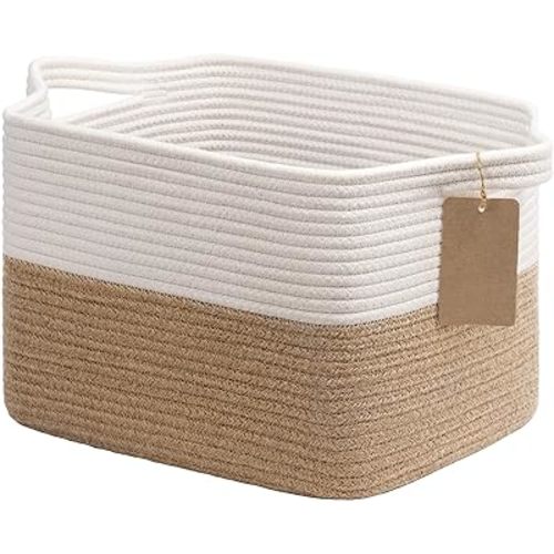 Goodpick Woven Storage Baskets for Organizing, Dog Toy Basket Medium Empty Gift Basket with Handles, Square Wicker Basket, White and Jute Storage Bin, 13.5 x 11 x 9.5 Inches
