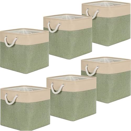 6 Pcs 11x11 Inch Linen Fabric Cube Storage Bins, Collapsible Green Fabric Closet Organizers Basket with Drawstring Handheld, Canvas Shelf Basket for Wardrobe, Shelf Storing Closet Toys Books
