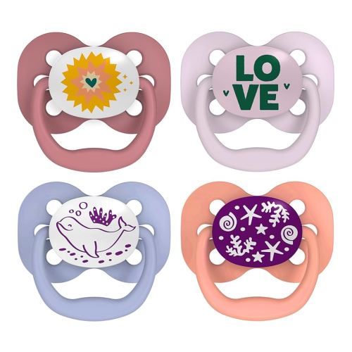 Dr. Brown's Advantage Glow-in-the-Dark Baby Pacifier, Fully Symmetrical Soother with Soft Silicone Bulb, Lavender Love-Coral Ocean, 0-6m, BPA Free, 4 Pack