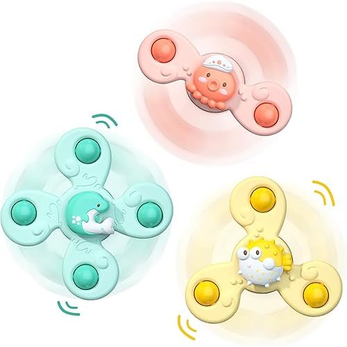 3 PCS Suction Cup Spinner Toys for 1 Year Baby, Rolling Beads Spinning Top Eyes Hands Coordination - Sensory Rotation Travel Fidget Toy for Dining Table Bathtub Window Birthday Gift (Ocean)