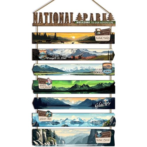 SHOXREM National Parks Wall Art, Wooden Signs Decorative Set, Retro National Park Themed Hanging Signs, Colorful Abstract Travel Wall Décor. 26.8x11.6" (A-Style)