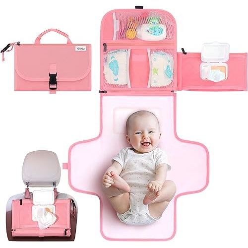 Kopi Baby Portable Diaper Changing Pad - Baby Diaper Changer Travel Bag with Wipes Pocket, Smart Design Portable Changing Mat, Infant Travel Station Kit, Gift for Newborn Girl & Boy - Pink