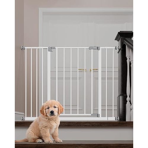 InnoTruth Baby Gate for Stairs 28.9-42.1" Wide, 30" Tall Easy Step Walk Through Expandable Dual Lock Dog Gates for The House, Metal Pressure Mounted Easy Install Pet Gate for Dogs, White