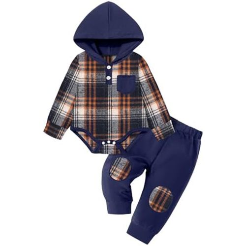 Fommy Baby Boy Clothes Flannel Plaid Outfits Long Sleeve Hoodie Romper Fall Winter 2 Pcs Clothes for Boy