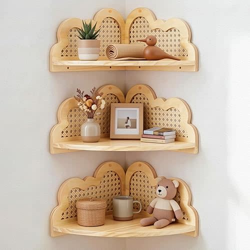 3 Pcs Cloud Floating Corner Shelf Set Boho Rattan Storage with Natural Pine Wood Frame Cute Corner Shelves for Wall Home Decor Bedroom Kitchen Bathroom