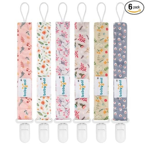 babygoal Floral Pacifier Clips, 6 Pack Binky Paci Holder Clips Leashes Fits for Most Baby Pacifiers and Binkies