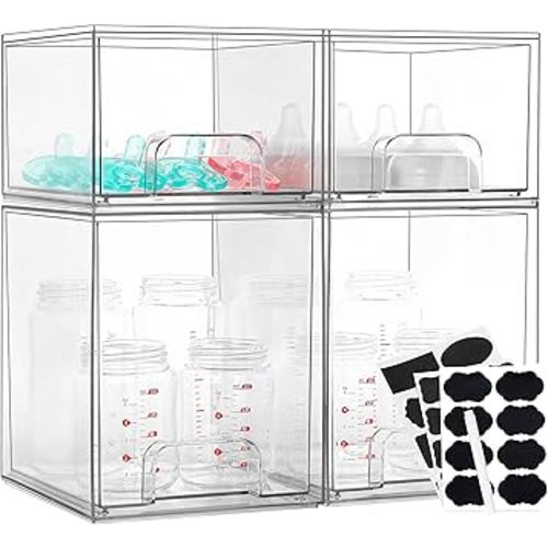Baby Bottle Organizer, 4 Pack Bottle Storage Organizer Baby with Labels, Clear Stackable Storage Drawers for Bottles, Nipples, Pump Parts, Bottle Station Organizers for Countertop and Cabinet