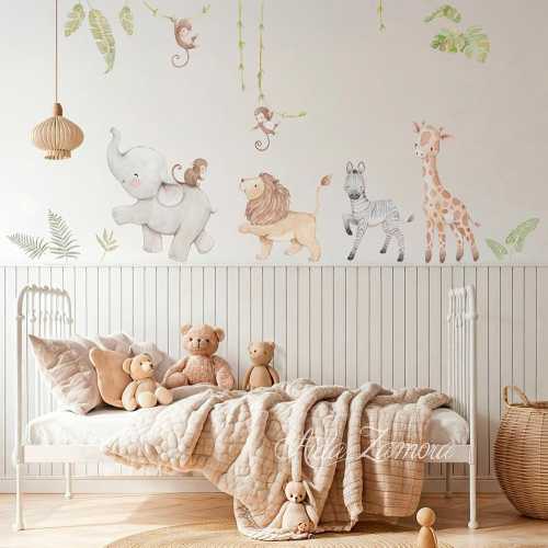 Reusable Fabric Wall Decal, SAFARI ANIMALS, Nursery wall decal, Watercolor decal, Safari Nursery sticker, African animals wall decal.