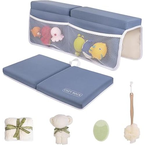 Baby Bath Kneeler and Elbow Rest Pad Set, Kneeling Pad for Bathing Baby and Elbow Pad with Bath Brush and Hand Towel, Bathtub Kneeler and Elbow Rest Set with Organizer