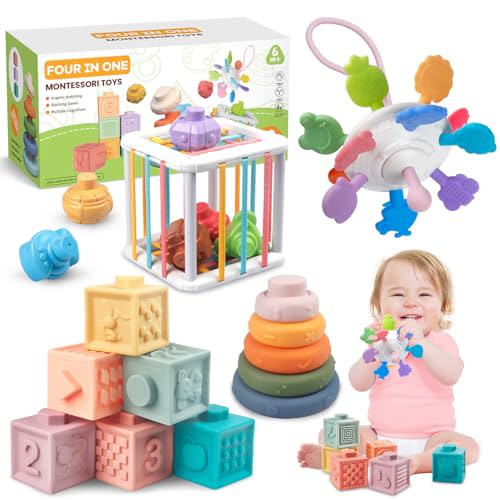 Plunack 4-in-1 Baby Toys for 6-12 Months, Montessori Soft Stacking Blocks for Babies, Infants Teething Toys, Sensory Balls and Educational Learning Set for Toddlers (Boys & Girls)