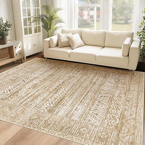 6x9 Area Rugs for Living Room: Washable Moroccan Geometric Boho Rug Farmhouse Non Slip Stain Resistant Large Rug Low Pile Soft Carpet for Bedroom Dining Room Home Office Kids Room (Light Brown,6'x9')