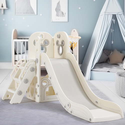 Arlopu Sturdy Toddler Slide, Plastic Kids Slide Play Climber with Basketball Hoop, Anti-Slip Steps, Indoor Outdoor Toy Playground for Children 2-7 Years
