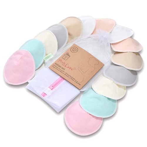 Organic Bamboo Nursing Breast Pads - 14 Washable Pads + Wash Bag - Breastfeeding Nipple Pad for Maternity - Reusable Nipplecovers for Breast Feeding (Pastel Touch, Medium 3.9")