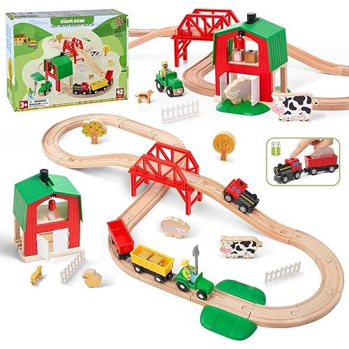 42PCS Wooden Farm Train Set for Toddlers, Battery Operated Train Railway Track Set with Bridge, Barn, Animals, Tractor Cargo Trains, Compatible with Most Brand, Toy Gift for Kids Boys Girls Age 2-8