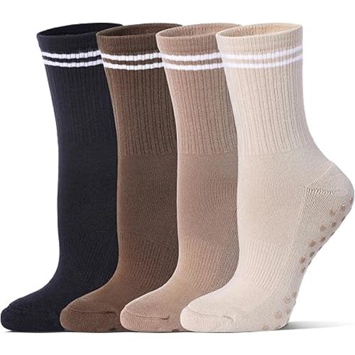 Pilates Grippy Socks for Women Striped Crew Cotton Cushioned Non-Slip Yoga Barre Workout Socks 4 Pairs