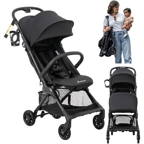 BabbleRoo Hoplite Compact Stroller – Lightweight Travel Stroller for Airplane (12.3 lbs), from Birth to 55 lbs, Easy Fold, PU Wheels, Alloy Frame, Near-Flat Recline, Cup Holder, Baby Stroller