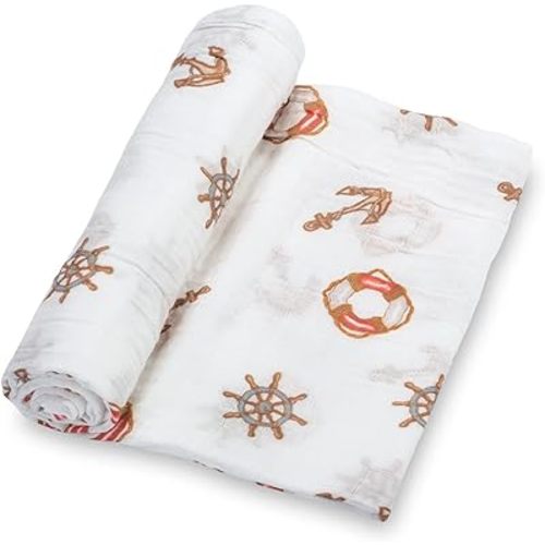 LollyBanks Muslin Swaddle Blanket, 100% Muslin Cotton Neutral Baby Blanket for Girls and Boys, 47 X 47 Inches Soft and Cozy Newborn Swaddle Lightweight, Baby Essential, Registry (Boat Anchor Print)