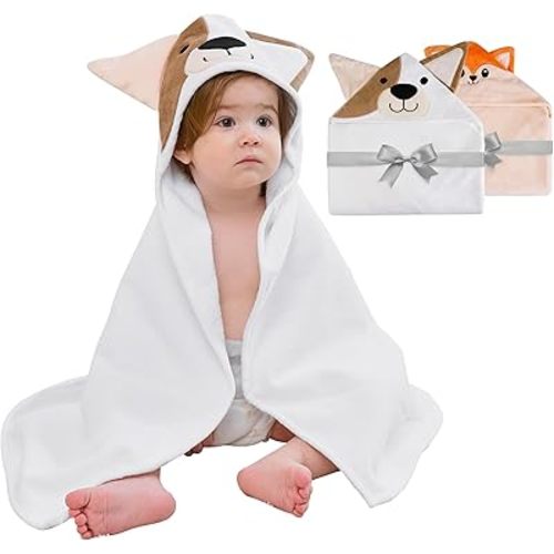 Mooreeke 2 Pack Toddler Towels - 100% Cotton Toddler Hooded Towels - Soft Baby Bath Towel with Hood for Newborn - Comfort Towel for Baby Girls and Boys - Animal Shaped (Puppy & Fox)